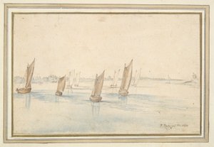Båtar som seglar på en flod, ett hus på landet i fjärran av Jan Brueghel the Elder