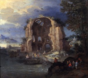 Kustlandskap med fiskare och ruiner av Minerva Medica-templet av Jan Brueghel the Elder
