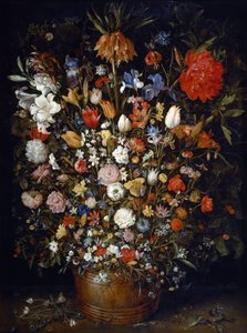 Blommor i ett träkärl av Jan Brueghel the Elder