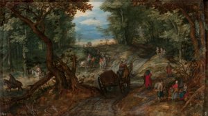 Skog med vagnar som korsar ett vattendrag och ryttare av Jan Brueghel the Elder