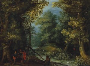 Jägare med hundar vid en bäck i ett skogslandskap av Jan Brueghel the Elder