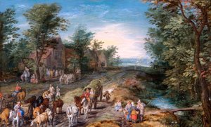 "Vägscen med resenärer och boskap", tidigt 1600-tal av Jan Brueghel the Elder