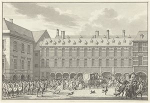 Störningar när deputerade i Dordrecht kör genom Stadhouderspoort på Binnenhof, 1786 av Jan Bulthuis