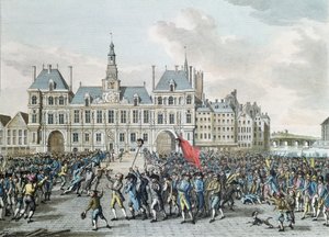 Cheferna för Launay och Flesselles promenerade framför Hotel de Ville, 14 juli 1789, 1795