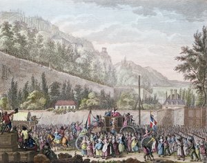 Kvinnorna på Les Halles i Auteuil när de förde den franska kungafamiljen till Paris från Versailles den 6 oktober 1789, 1796.
