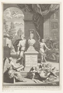 Byst av Hugo de Groot hyllad av Victoria Huig de Groots liv och verksamhet (titel på objektet) Titelsida för: Caspar Brandt och Adriaan van Cattenburg, History of the life of Mr Huig de Groot, 1727