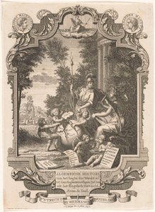 Kartusch med allegori över Greklands historia Titelsida för: Kornelis Westerbaen, Algemeene histori, 1742