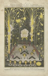 Fyrverkerier avfyrades den 15 oktober 1745, Maria Theresias namnsdag, på uppdrag av Anthoni de Groot Illustrationer av fyrverkerierna, av Anthoni de Groot, Courantier i Haag, den XV oktober MDCCXLV på Haares allra första namnsdag