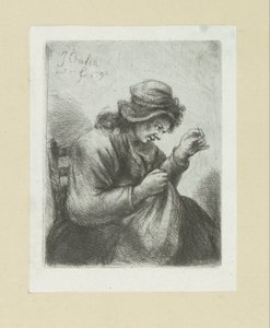 Vrouw sätter naald i draad The Compleat Work of Etchings av John Chalon / Oeuvre Complette des Eaux Fortes av Jean Chalon (serietitel) av Jan Chalon