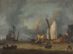 En storm (skepp i hamnen i en styv bris) av Jan Claesz. Rietschoof