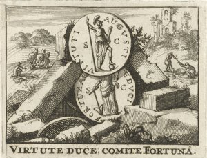 Romerska mynt lutad mot en hög med stenar Virtute Duce, kommitté Fortuna (titel på objekt) av Jan Claesz ten Hoorn