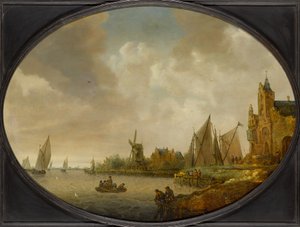 Flodlandskap med en väderkvarn, en hamnbyggnad och segelfartyg av Jan Coelenbier