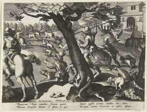 Hertenjacht met honden Jachttaferelen (serietitel) Jakten på vilt, fågel och fisk i Bestiary (serietitel) av Jan Collaert (II) (attributed to)