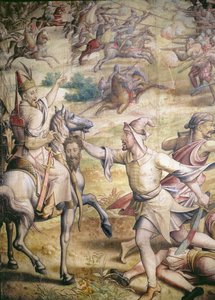 Kejsar Karl Vs kampanj 1500-58 mot turkarna i Tunis 1535: tillfångatagandet av Goletta, detalj av en fotsoldat som håller ett kroppslöst huvud, tecknad film för en gobeläng kol och wc på papper