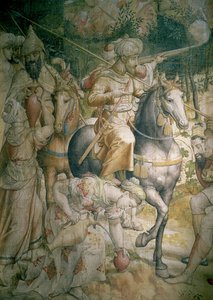 Kejsar Karl V:s kampanj mot turkarna i Tunis 1535: turkarnas nederlag i slaget vid Goletta, detalj av kavalleristerna som släcker sin törst, tecknad film efter en gobelängkol och wc