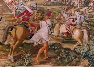 flamländsk gobeläng. Serien Erövringen av Tunis. Attacken på La Goleta (Ataque a la Goleta). Fjärde gobelängen i serien. Modellen Jan Vermeyen och Pieter Coecke van Aelst. 1543-1548. Tillverkning Real Fábrica de Tapices de Santa Bárbara, Madrid
