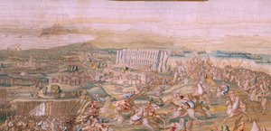 flamländsk gobeläng. Serien Erövringen av Tunis. Attacken på La Goleta (Ataque a la Goleta). Fjärde gobelängen i serien. Modellen Jan Vermeyen och Pieter Coecke van Aelst. 1543-1548. Tillverkning Real Fábrica de Tapices de Santa Bárbara, Madrid av Jan Cornelisz Vermeyen