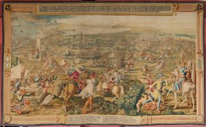flamländsk gobeläng. Serien Erövringen av Tunis. Attacken på La Goleta (Ataque a la Goleta). Fjärde gobelängen i serien. Modellen Jan Vermeyen och Pieter Coecke van Aelst. 1543-1548. Tillverkning Real Fábrica de Tapices de Santa Bárbara, Madrid
