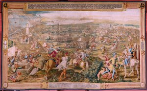 flamländsk gobeläng. Serien Erövringen av Tunis. Attacken på La Goleta (Ataque a la Goleta). Fjärde gobelängen i serien. Modellen Jan Vermeyen och Pieter Coecke van Aelst. 1543-1548. Tillverkning Real Fábrica de Tapices de Santa Bárbara, Madrid