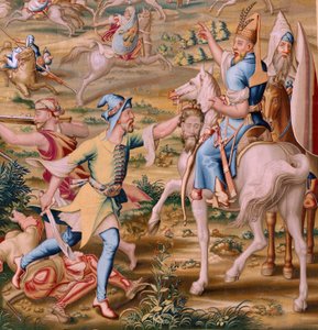flamländsk gobeläng. Serien Erövringen av Tunis. Attacken på La Goleta (Ataque a la Goleta). Fjärde gobelängen i serien. Modellen Jan Vermeyen och Pieter Coecke van Aelst. 1543-1548. Tillverkning Real Fábrica de Tapices de Santa Bárbara, Madrid