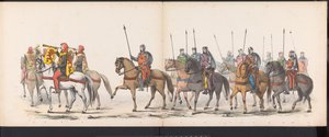 Masquerade of the Leiden Students, 1865 (skylt 1) Klädd procession som hölls av medlemmarna i Leidens studentkår den 6 juni 1865, för att fira 290-årsjubileet av Leidsche Hoogeschool, som visar: holländarnas inträde i