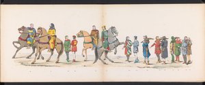 Masquerade of the Leiden Students, 1865 (skylt 10) Klädd procession som hölls av medlemmarna i Leidens studentkår den 6 juni 1865, för att fira 290-årsjubileet av Leidsche Hoogeschool, föreställande: holländarnas inträde b. av Jan Daniël Cornelis Carel Willem baron de Constant Rebecque