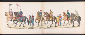 Masquerade of the Leiden Students, 1865 (skylt 12) Klädd procession som hölls av medlemmarna i Leidens studentkår den 6 juni 1865, för att fira 290-årsjubileet av Leidsche Hoogeschool, föreställande: holländarnas inträde b.