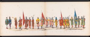 Masquerade of the Leiden Students, 1865 (skylt 13) Klädd procession som hölls av medlemmarna i Leidens studentkår den 6 juni 1865, för att fira 290-årsjubileet av Leidsche Hoogeschool, föreställande: holländarnas inträde b.