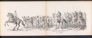 Masquerade of the Leiden Students, 1865 (skylt 15) Klädd procession som hölls av medlemmarna i Leidens studentkår den 6 juni 1865, för att fira 290-årsjubileet av Leidsche Hoogeschool, föreställande: holländarnas inträde b. av Jan Daniël Cornelis Carel Willem baron de Constant Rebecque