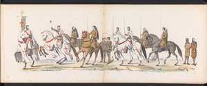 Masquerade of the Leiden Students, 1865 (skylt 5) Klädd procession som hölls av medlemmarna i Leidens studentkår den 6 juni 1865, för att fira 290-årsjubileet av Leidsche Hoogeschool, som visar: holländarnas inträde i