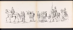 Masquerade of the Leiden Students, 1865 (skylt 6) Klädd procession som hölls av medlemmarna i Leidens studentkår den 6 juni 1865, för att fira 290-årsjubileet av Leidsche Hoogeschool, som visar: holländarnas inträde i av Jan Daniël Cornelis Carel Willem baron de Constant Rebecque