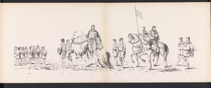 Masquerade of the Leiden Students, 1865 (skylt 7) Klädd procession som hölls av medlemmarna i Leidens studentkår den 6 juni 1865, för att fira 290-årsjubileet av Leidsche Hoogeschool, som visar: holländarnas inträde i