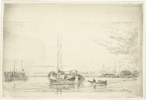 Flodutsikt med pråm och roddbåt av Jan Daniël Cornelis Carel Willem baron de Constant Rebecque