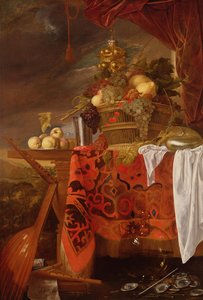 En korg med blandad frukt med förgylld kopp, silverkalk, Nautilus, glas och persikor på en tallrik av Jan Davidsz de Heem