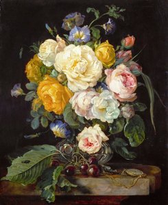 Barock: Stilleben med pioner, körsbär och ett fickur - Stilleben med pioner, körsbär och ett fickur av Heem, Jan Davidsz. av (1606-1684)