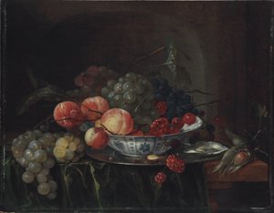 Tyska: Kleines Früchtestillleben in einem Porzellanteller Stilleben av frukt i en Wan-Li-skål