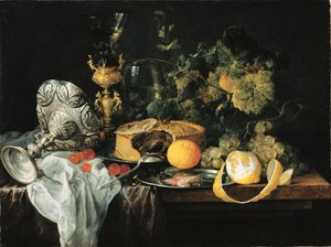 Tyska: Magnifikt stilleben med frukt, paj och bägare Överdådigt stilleben med frukt, paj och bägare, 1651
