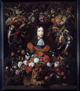 Porträtt av Vilhelm III av Orange (1650-1702) i en medaljong av blommor Målning av Jan David Heem (1606-1684) 1665 Sön. 1,34x1,14 m Lyon, Musee des Beaux Arts av Jan Davidsz de Heem