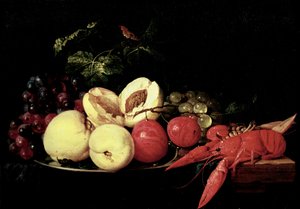 Stilleben av frukt med en hummer