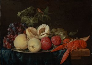 Stilleben med frukt och en hummer