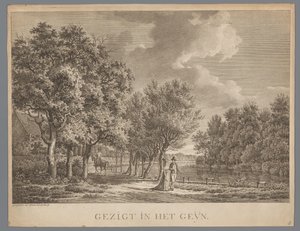 Landskap med ett par som går längs Geins strand Gezigt in het Geÿn (titel på objekt) av Jan Evert Grave