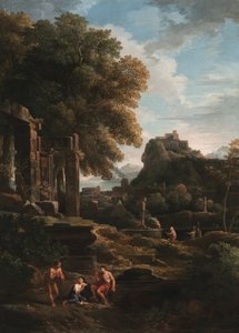 Ett klassiskt landskap med figurer i förgrunden, ruiner till vänster och en figur i mitten som offrar (olja på duk) av Jan Frans van Bloemen