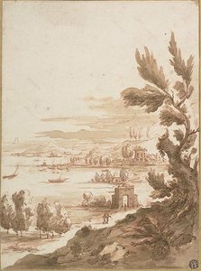 Utsikt från kulle med utsikt över en hamn av Jan Frans van Bloemen