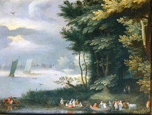 Banks of a Lake med figurer som går ombord i roddbåtar (olja på duk) av Jan Frans van Bredael