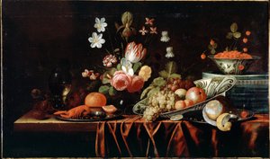 Stilleben med frukt, blommor och kräftor