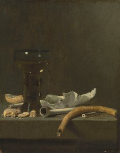 Stilleben med romer, lerpipa och en tänd pipa på en avsats av Jan Fris