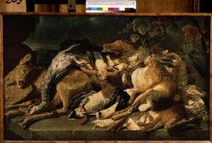 ""stilleben med vilt"" (stilleben) Hare, doe, ankor. Målning av Jan (Johannes) Fyt (1611-1661) 1640 Pushkin Museum, Moskva