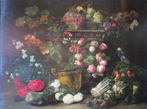 Stilleben med blommor, frukt och en papegoja av Jan Fyt