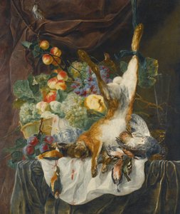 Stilleben med hare, vilt och sångfåglar framför ett stilleben med frukt i en korg på en avsats