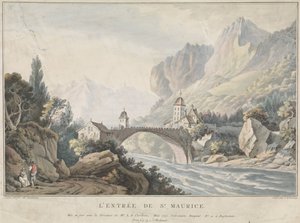 Utsikt över bron vid Saint Maurice i Schweiz L